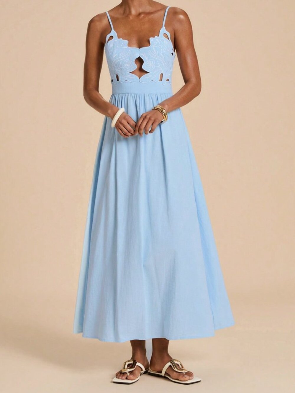 Baby Blue Casual Women's Embroidered Tie-Back Spaghetti Strap Long Dress